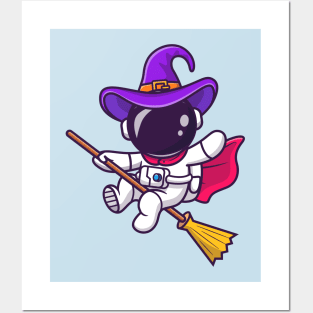 Cute Witch Astronaut Flying With A Magic Broom Cartoon Posters and Art